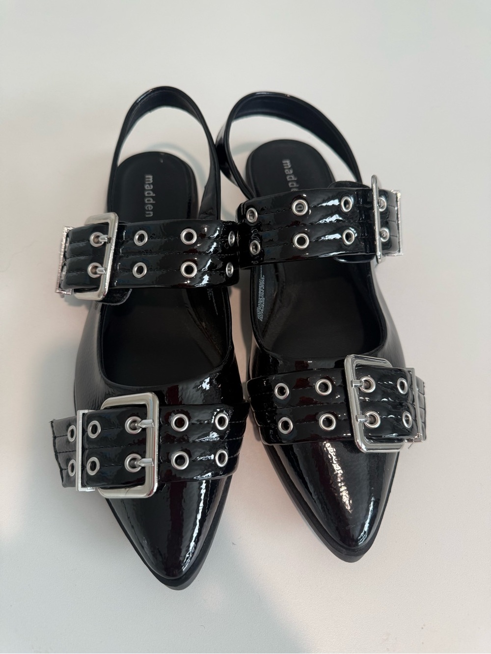 Madden Girl Black Patent Buckle Pointed Toe Slingback Flats